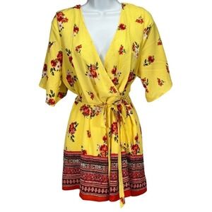 Mi Ami Women's Large Yellow Floral Boho Wrap Short Sleeve Romper Jumper Festival